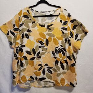 Rachel Zoe 3X Top Linen Boxy Mustard Yellow Floral Beach Cruise Coastal Tropical
